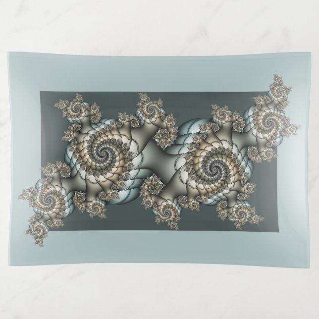 Abstract Beige Light Blue Fractal Art Spirals Trinket Tray (Front)