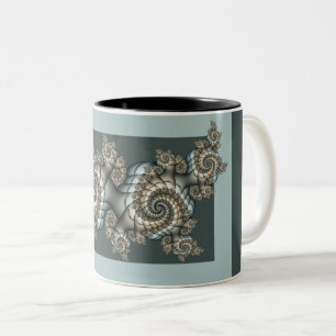 Abstract Beige Light Blue Fractal Art Spirals Two-Tone Coffee Mug