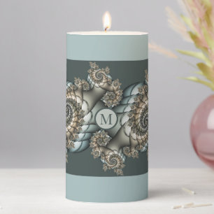 Abstract Beige Light Blue Fractal Spirals Monogram Pillar Candle