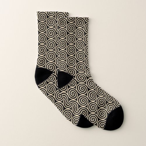 Abstract Beige Spiral Circles on Black Socks