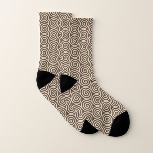 Abstract Beige Spiral Circles on Brown Socks