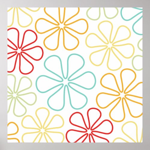 Abstract Bg Flowers Red Yellow Orange Lime Teal Wt Poster