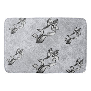 Abstract big black white neon flowers on silver bathroom mat