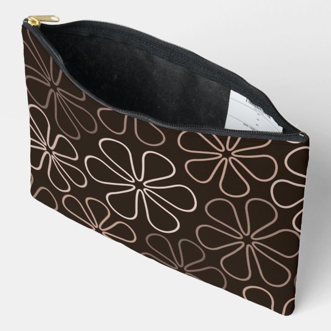Abstract Big Flower Outlines Browns & Creams Accessory Pouch (Open)