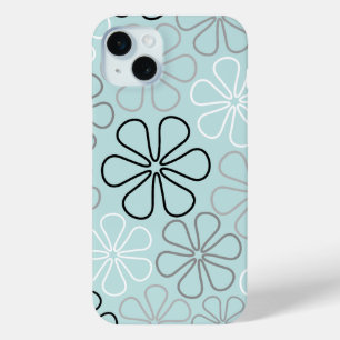 Abstract Big Flower Outlines BWG+Duck Egg Blue iPhone 15 Plus Case
