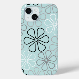Abstract Big Flower Outlines BWG+Duck Egg Blue iPhone 15 Case