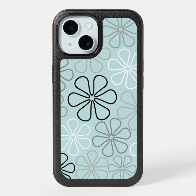 Abstract Big Flower Outlines BWG+Duck Egg Blue iPhone 15 Case (Back)