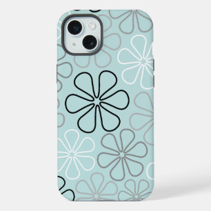 Abstract Big Flower Outlines BWG+Duck Egg Blue iPhone 15 Plus Case