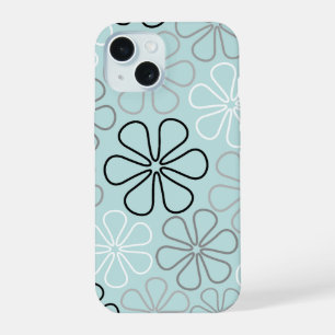 Abstract Big Flower Outlines BWG+Duck Egg Blue iPhone 15 Case