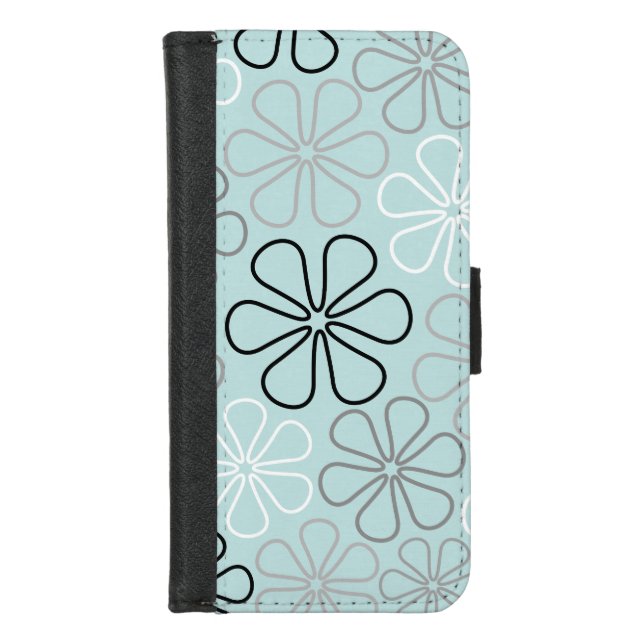 Abstract Big Flower Outlines BWG+Duck Egg Blue iPhone Wallet Case (Front)