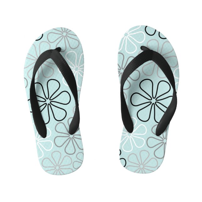 Abstract Big Flower Outlines BWG+Duck Egg Blue Kid's Flip Flops (Footbed)