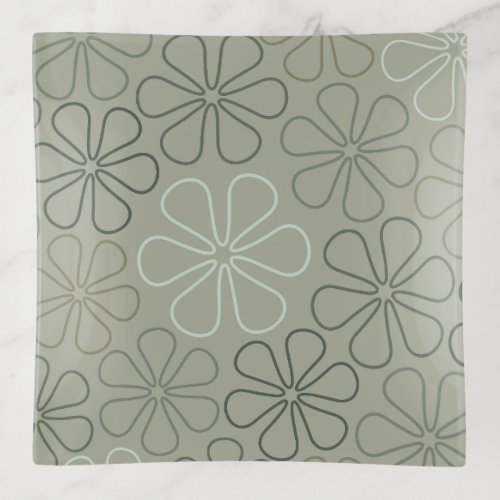 Abstract Big Flower Outlines Greens Trinket Tray