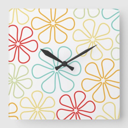 Abstract Big Flowers Red Yellow Orng Lime Teal Wt Square Wall Clock