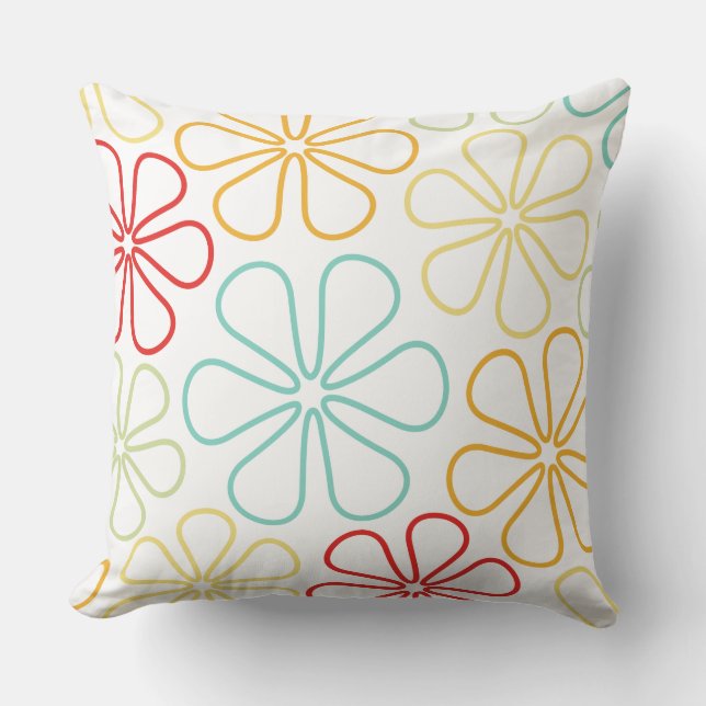 Abstract Big Flowers Red Yellow Orng Lime Teal Wt Throw Pillow (Front)