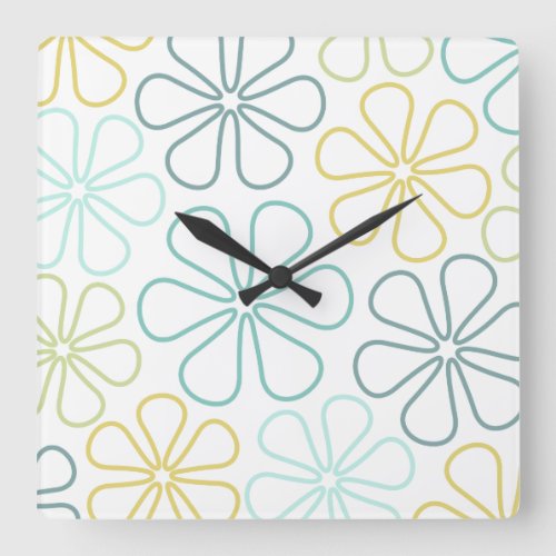 Abstract Big Flowers Teals Yellow Lime White Square Wall Clock