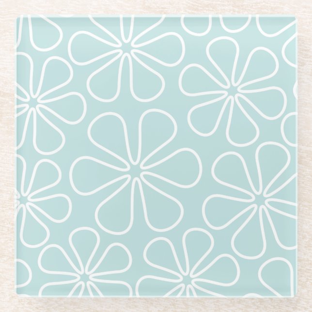 Abstract Big Flowers White on Duck Egg Blue Glass Coaster (Front)