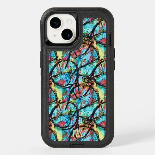 Abstract Bike Pattern Teal Black Yellow Initials OtterBox iPhone 14 Case