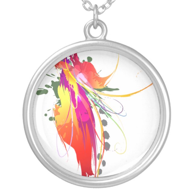 Abstract Bird of Paradise Paint Splatters Silver Plated Necklace (Front)