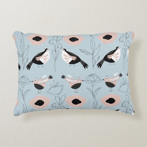 Abstract Birds Flowers Pink Pattern Accent Pillow