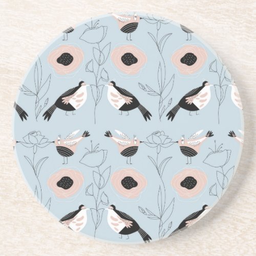 Abstract Birds Flowers Pink Pattern Coaster
