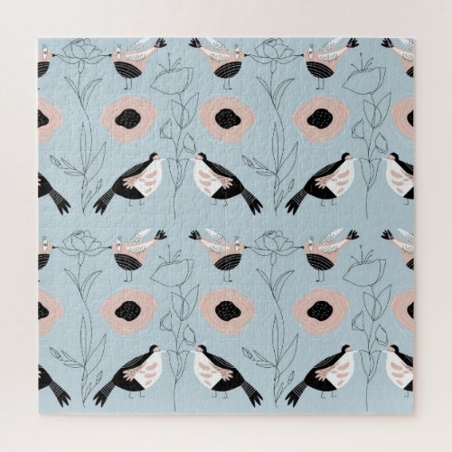 Abstract Birds Flowers Pink Pattern Jigsaw Puzzle