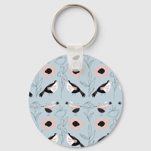 Abstract Birds Flowers Pink Pattern Keychain