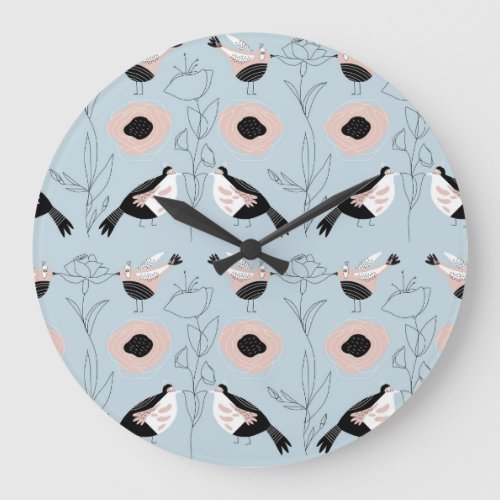 Abstract Birds Flowers Pink Pattern Large Clock