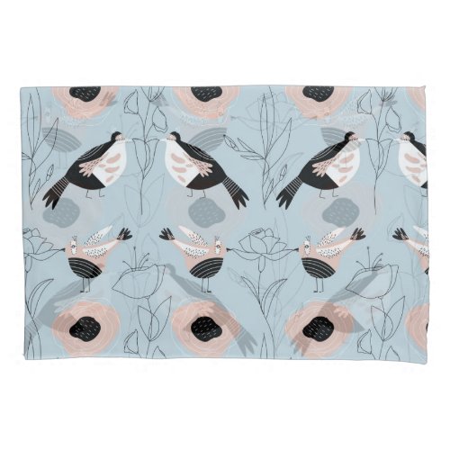 Abstract Birds Flowers Pink Pattern Pillow Case