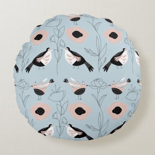 Abstract Birds Flowers Pink Pattern Round Pillow
