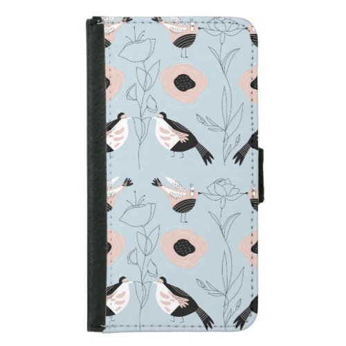 Abstract Birds Flowers Pink Pattern Samsung Galaxy S5 Wallet Case