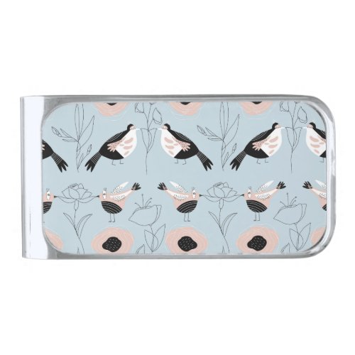 Abstract Birds Flowers Pink Pattern Silver Finish Money Clip