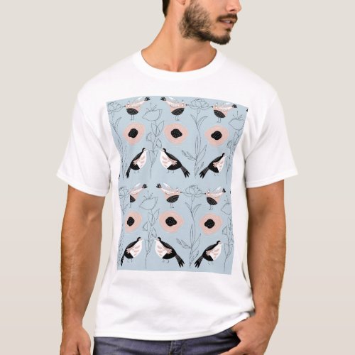 Abstract Birds Flowers Pink Pattern T_Shirt