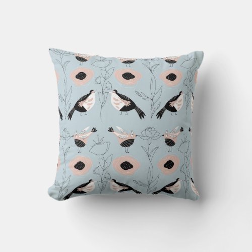 Abstract Birds Flowers Pink Pattern Throw Pillow