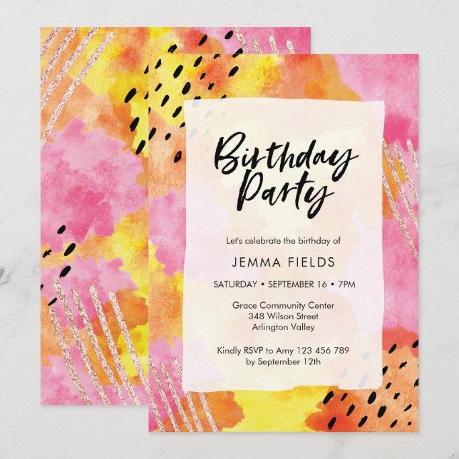 Abstract Birthday Invitation | pink and orange (Front/Back)