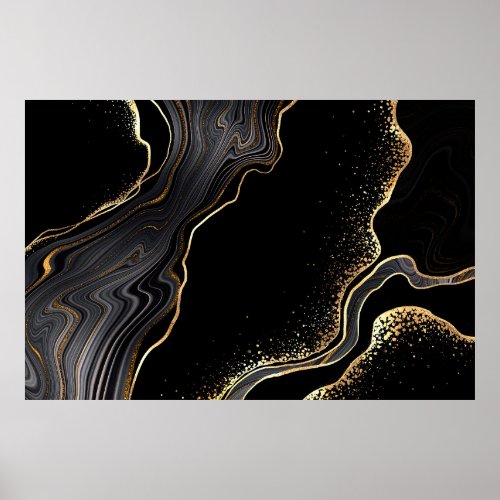 abstract black agate background with golden veins poster