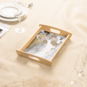 Abstract Black and Gold Agate Marble Swirl Serving Tray
