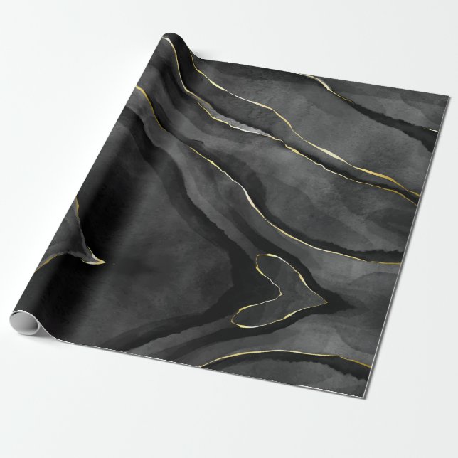 Abstract Black and Gold Agate Marble Swirl  Wrapping Paper (Unrolled)