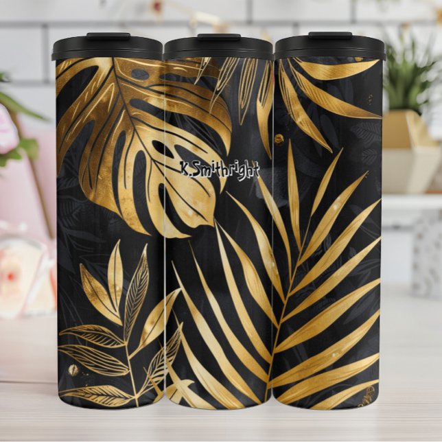 Abstract Black and Gold Botanical Thermal Tumbler (Creator Uploaded)