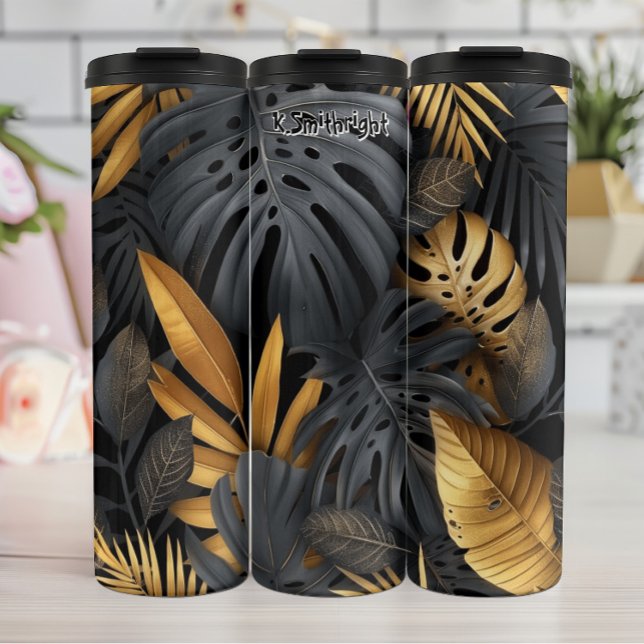 Abstract Black and Gold Botanical Thermal Tumbler (Creator Uploaded)