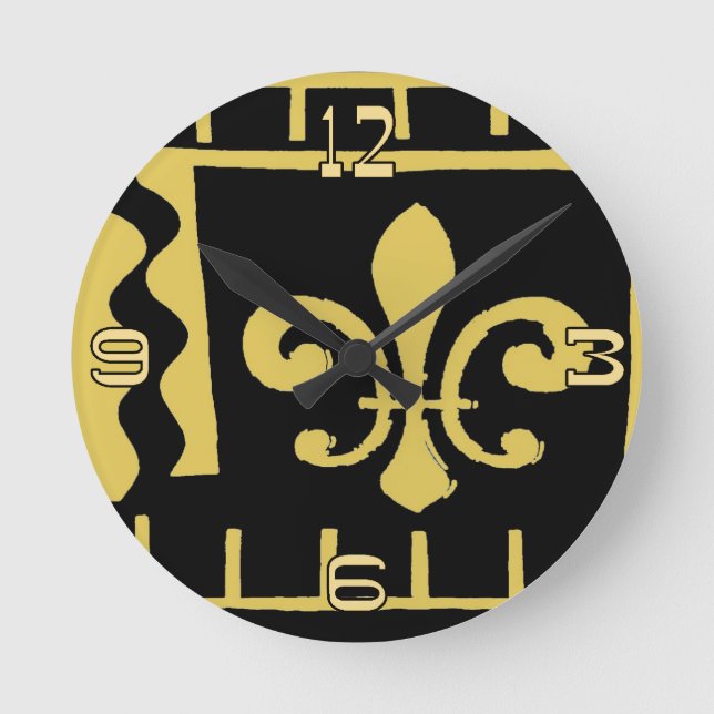 Abstract Black and Gold Fleur De Lis Round Clock (Front)