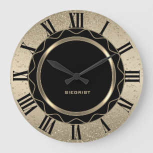 Abstract Black and Gold Glitter Large Clock