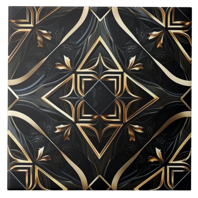 Abstract Black and Gold - Modern Geometric Art Ceramic Tile (Front)