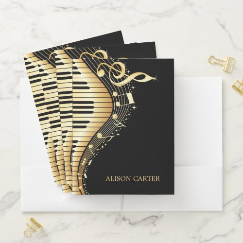 Abstract Black And Gold Music Notes Pocket Folder