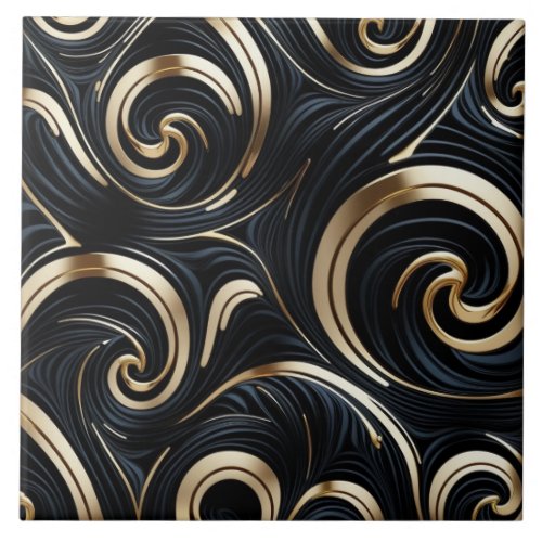 Abstract Black and Gold _ Organic Curves Ceramic Tile