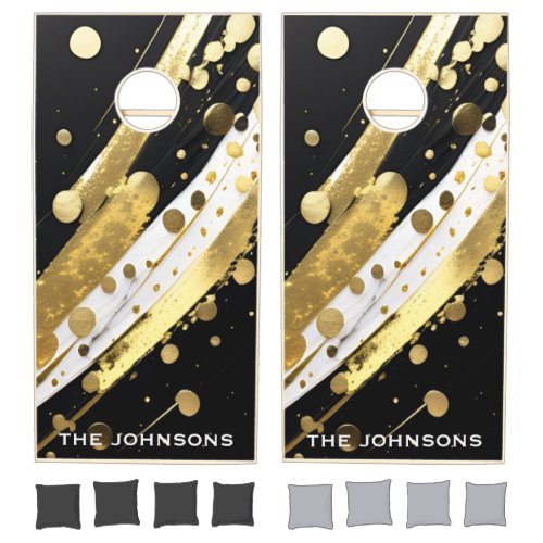 Abstract Black and Gold Paint Splatter Monogram  Cornhole Set