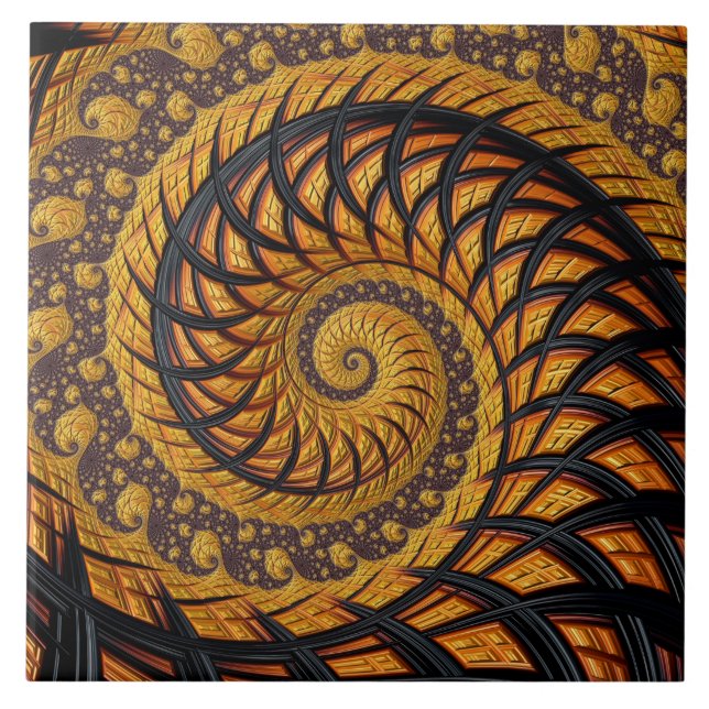 Abstract Black and Gold Spiral Fractal Ceramic Tile (Front)