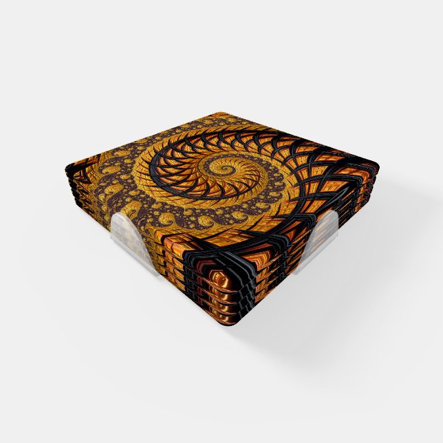 Abstract Black and Gold Spiral Fractal Coaster Set (Set)