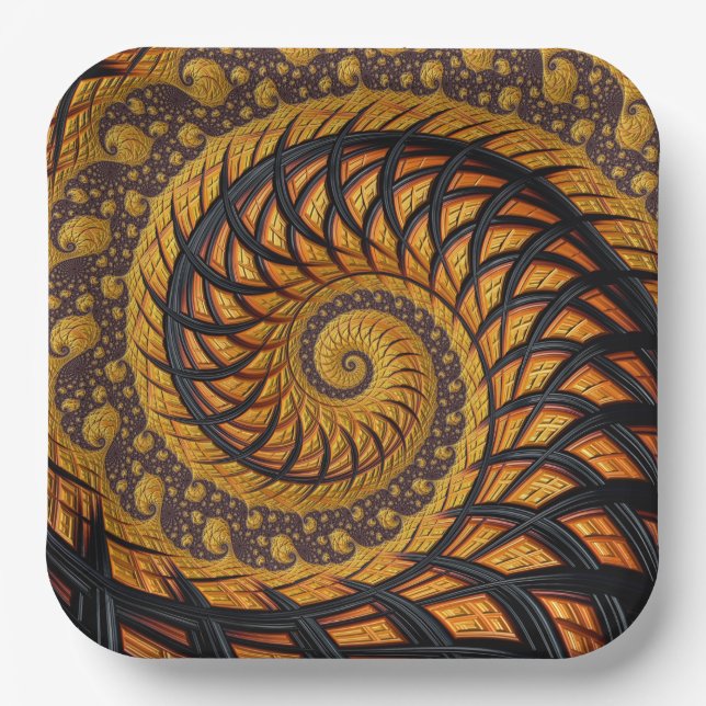 Abstract Black and Gold Spiral Fractal Paper Plates (Front)