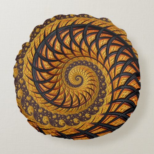 Abstract Black and Gold Spiral Fractal Round Pillow