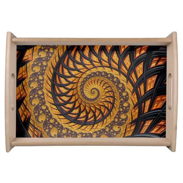 Abstract Black and Gold Spiral Fractal Serving Tray (Front)
